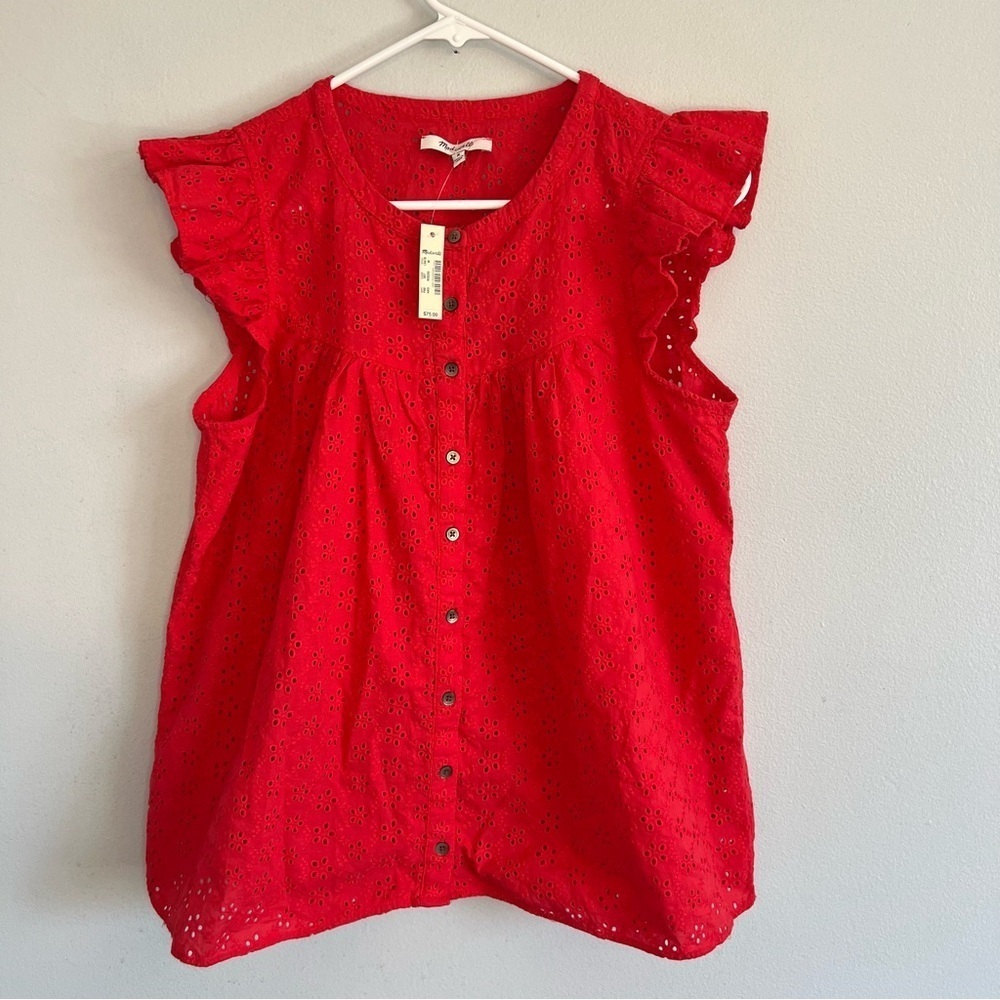 Madewell Red Button Up Ruffle Sleeve Bib Top Sz M Summer Contemporary Babydoll - Picture 3 of 12